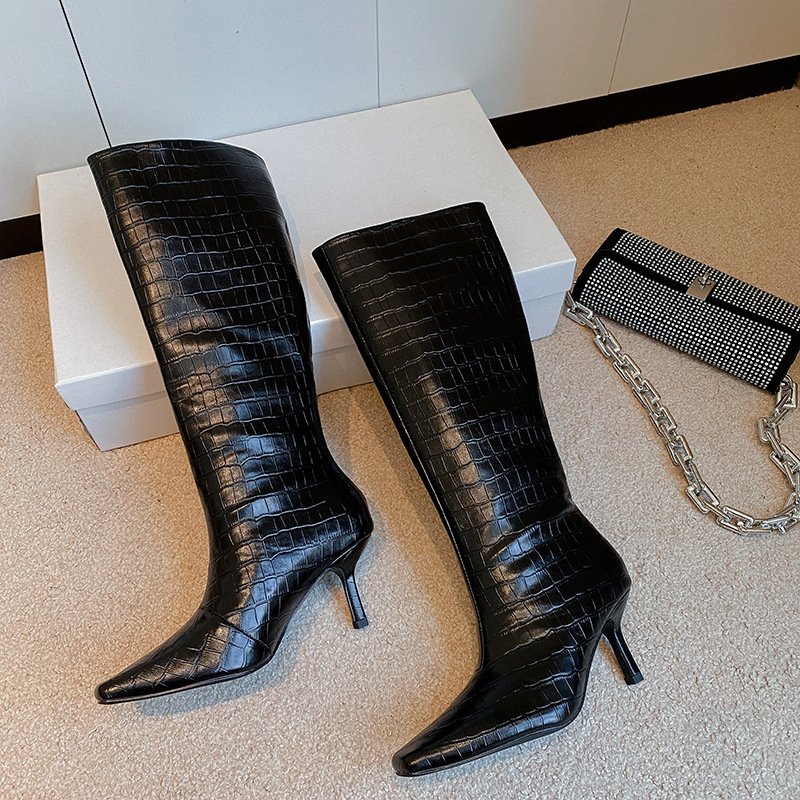 2026 Autumn/Winter New Arrival Black Square-Toe Stiletto Tall Boots Women's Crocodile Print Tall Boots High-Top Riding Boots Women - Image 3