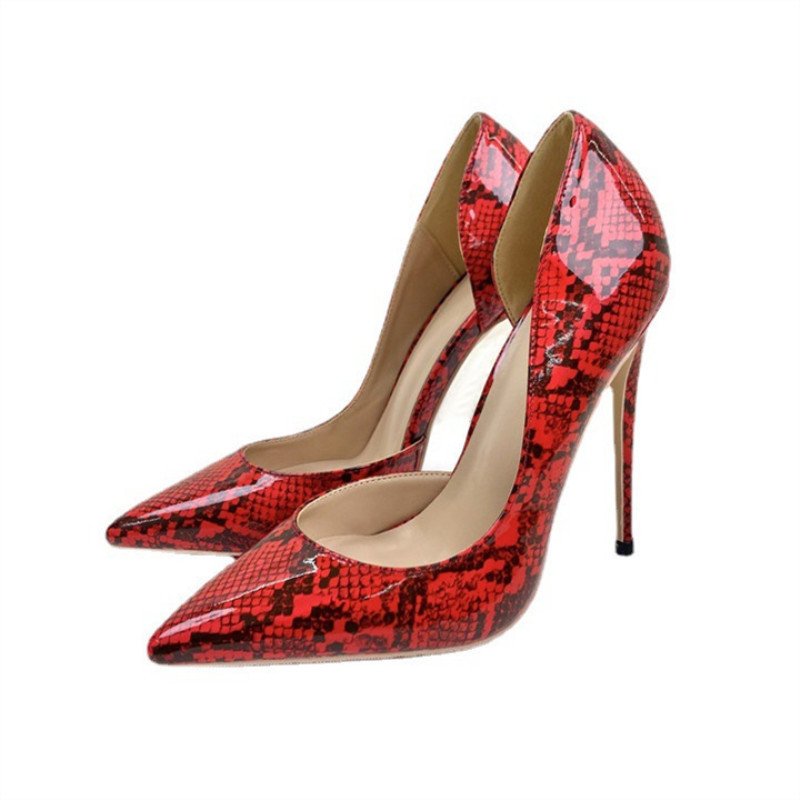 2026 Red Snake Print Evening Party High Heels 12CM Pointed Toe Narrow Heel Shallow Side Cut Single Shoe