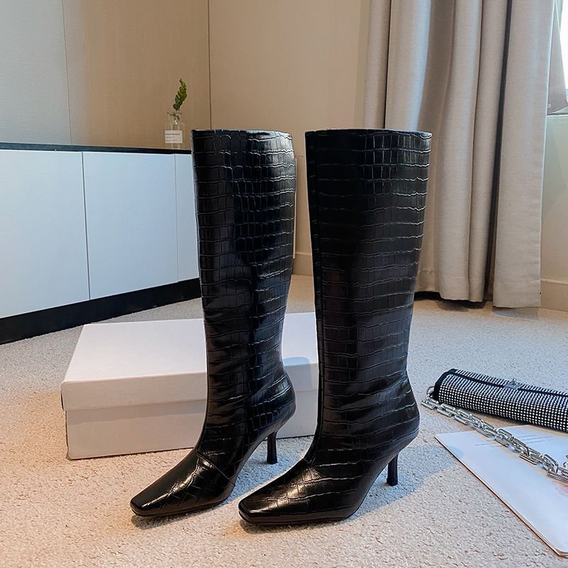2026 Autumn/Winter New Arrival Black Square-Toe Stiletto Tall Boots Women's Crocodile Print Tall Boots High-Top Riding Boots Women - Image 2