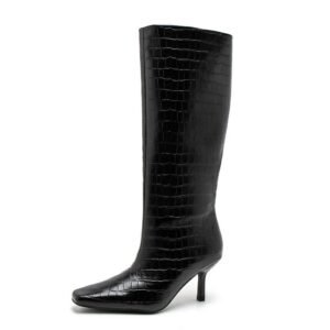 2026 Autumn/Winter New Arrival Black Square-Toe Stiletto Tall Boots Women's Crocodile Print Tall Boots High-Top Riding Boots Women
