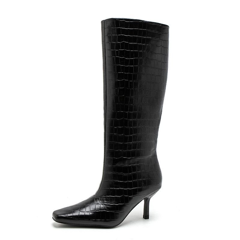 2026 Autumn/Winter New Arrival Black Square-Toe Stiletto Tall Boots Women's Crocodile Print Tall Boots High-Top Riding Boots Women