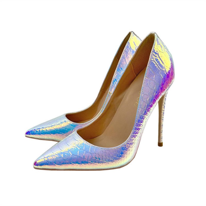 2023 New Laser White Serpentine High Heels 12CM Pointed Fine Heels Shallow Mouth Single Shoes