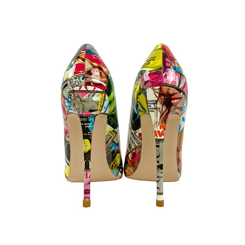 2022 Spring New Graffiti High Heels 12CM Pointed Toe Thin Heel Low Cut Women's Flats - Image 3
