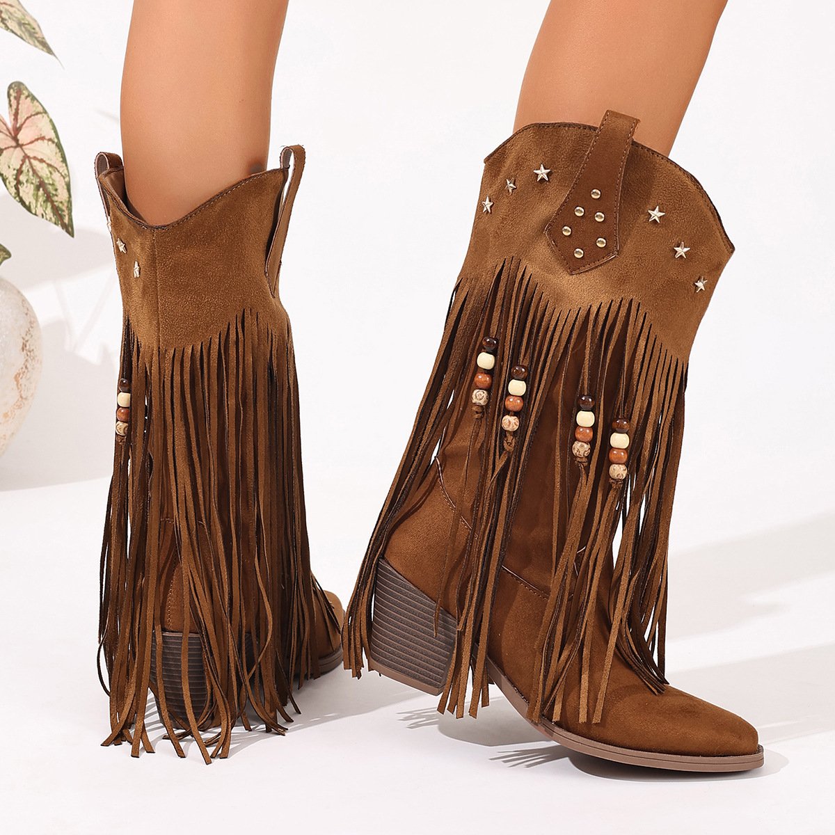 Embroidered V-Neck~ Women's 2025 Fall/Winter New Western Cowboy Boots with Back Zipper Low Heel Tall Riding Boots Retro Chaps - Image 3