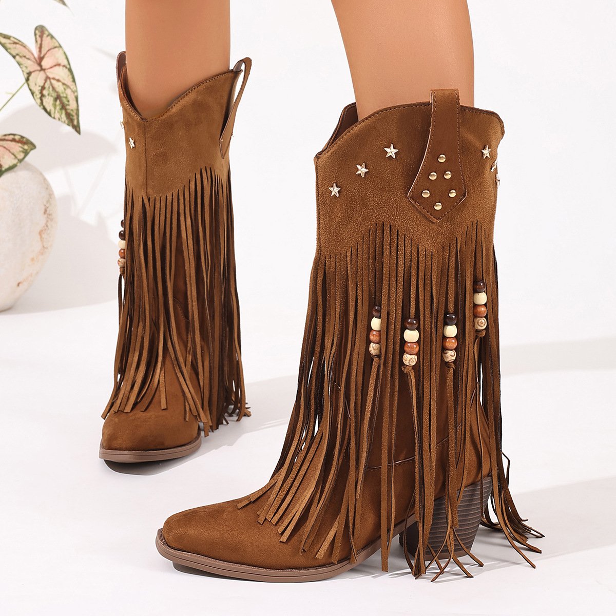 Embroidered V-Neck~ Women's 2025 Fall/Winter New Western Cowboy Boots with Back Zipper Low Heel Tall Riding Boots Retro Chaps - Image 4