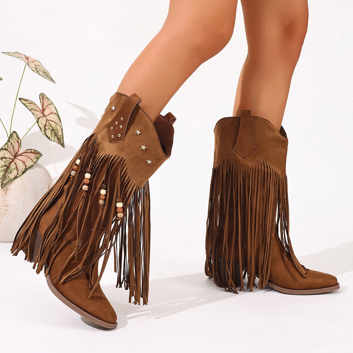 Embroidered V-Neck~ Women's 2025 Fall/Winter New Western Cowboy Boots with Back Zipper Low Heel Tall Riding Boots Retro Chaps - Image 5