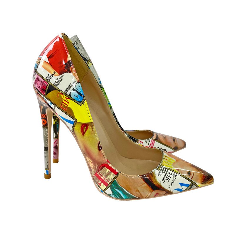 2022 Spring New Graffiti High Heels 12CM Pointed Toe Thin Heel Low Cut Women's Flats