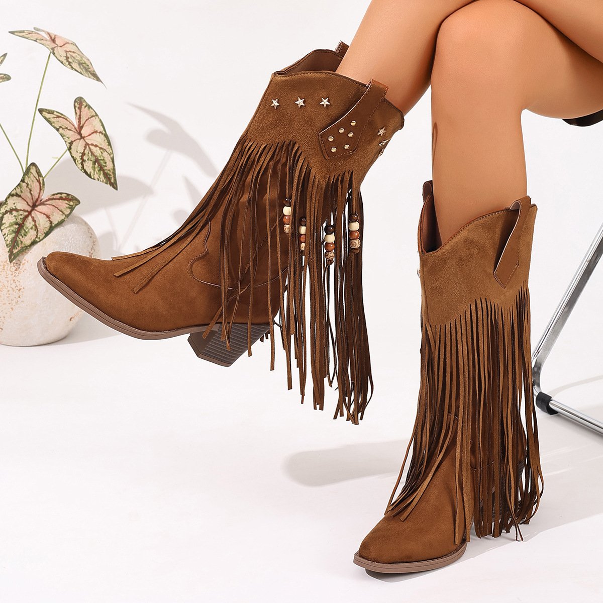 Embroidered V-Neck~ Women's 2025 Fall/Winter New Western Cowboy Boots with Back Zipper Low Heel Tall Riding Boots Retro Chaps - Image 6