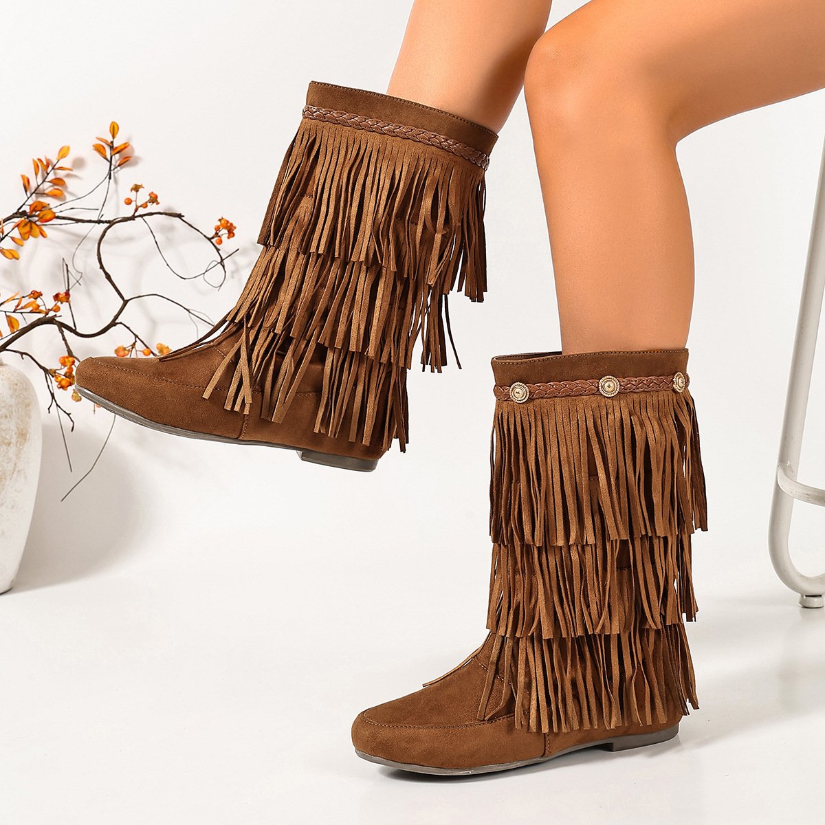 Embroidered V-Neck~ Women's 2025 Fall/Winter New Western Cowboy Boots with Back Zipper Low Heel Tall Riding Boots Retro Chaps - Image 2